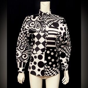 Vintsge OP ART SHIRT Black & White Psychedelic ROPER Button Front Optical Mod
